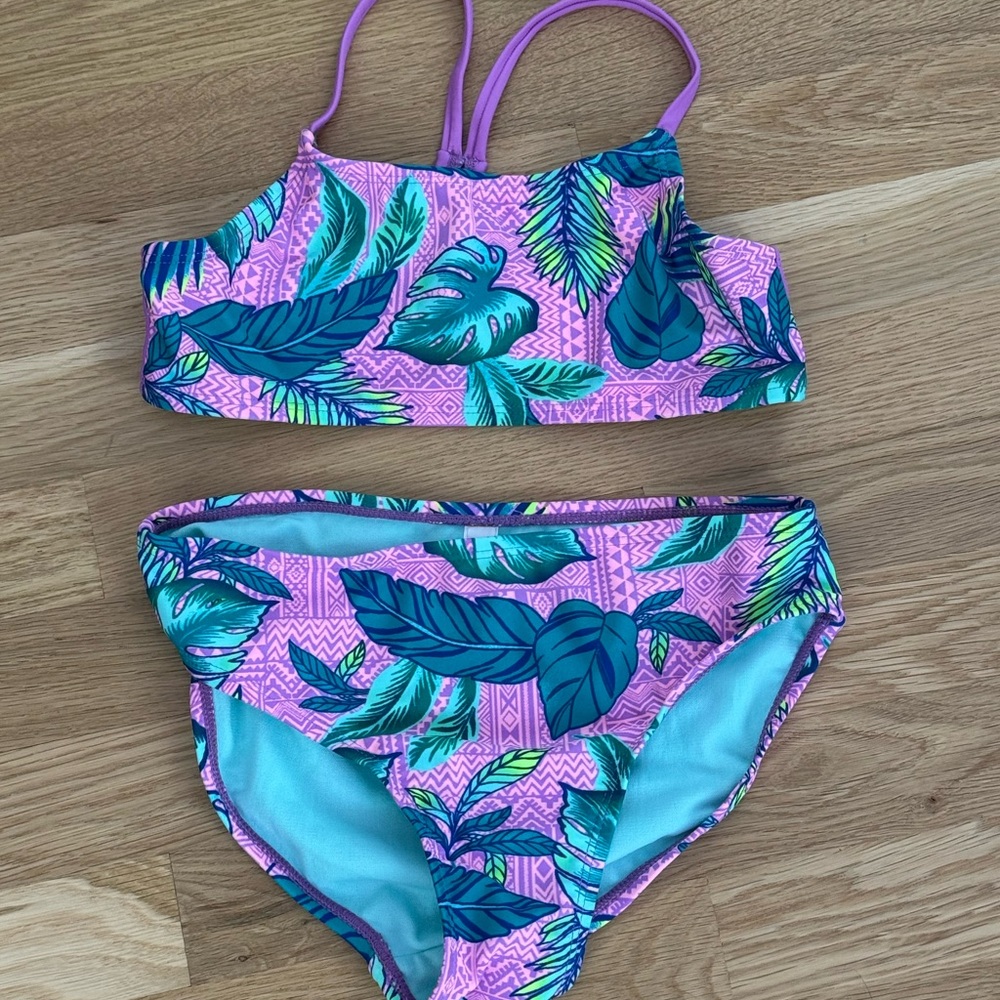 SO Pink and Green Bikini with Tropical Leaf Design Girls 12 Never worn